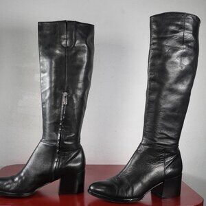 Women's Sam Edelman Black Leather Knee High Long Chunky Heel Fashion Boots 7